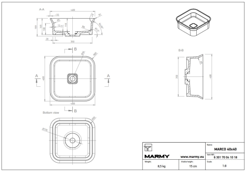 Marmy MARCO 40x40 cm ráültethető öntöttmárvány mosdó, fehér 6 301 70 04 10 18 (K)