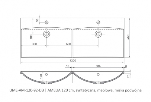 Roltechnik Amelia 120x46 cm öntött műmárvány dupla mosdó UME-AM-120-92-D