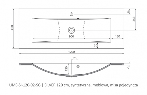 Roltechnik Silver 120x45 cm öntött műmárvány mosdó UME-SI-120-92