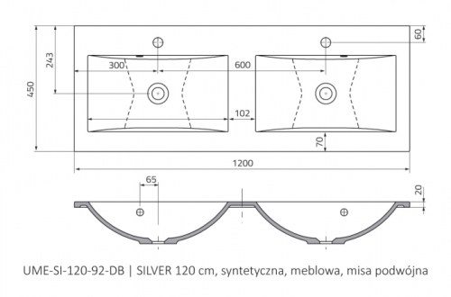 Roltechnik Silver 120x45 cm öntött műmárvány dupla mosdó UME-SI-120-92-D
