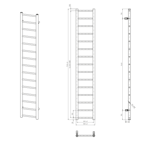 Sapho DINA fürdőszobai radiátor, 300x1740mm, 335W, metál ezüst IR366