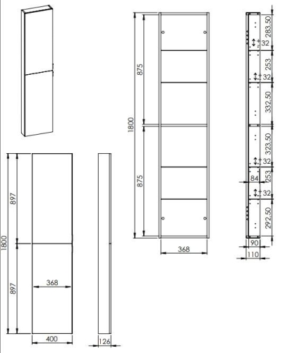 AREZZO design állószekrény 180x40x12,6 cm-es, 2 ajtós, magasfényű antracit AR-168327