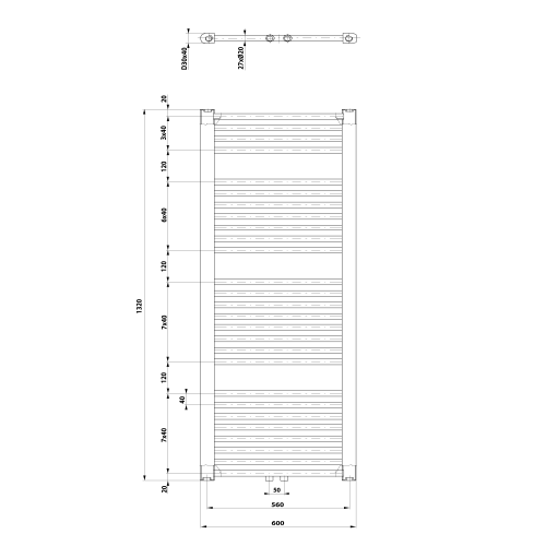 Sapho AQUALINE DIRECT 600x1320mm fürdőszobai radiátor középső bekötéssel, fehér ELM36T