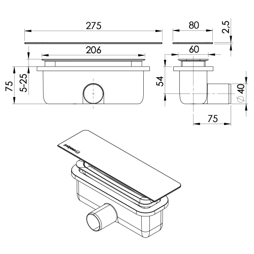 Sapho POLYSAN KAZUKO zuhanytálca szifon, szálcsiszolt inox 26317