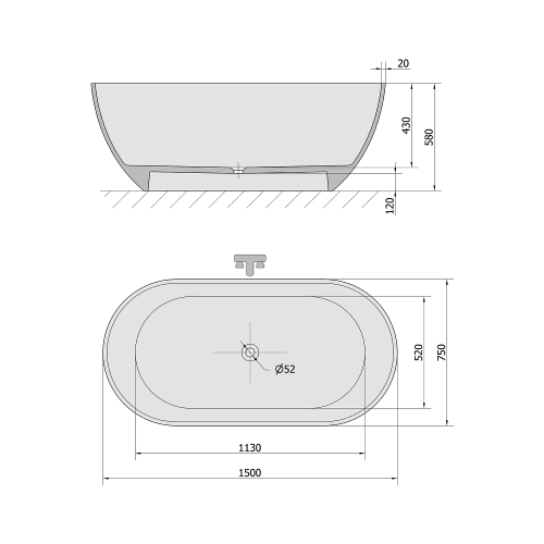 Sapho POLYSAN REDUTA 150x75 cm szabadon álló kád, fehér/fekete 71974