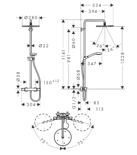 Hansgrohe Tica Showerpipe 280 1jet termosztátos zuhanyrendszer 26894000