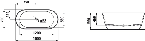 Laufen PRO 150x70 cm szabadon álló fürdőkád, fehér/fényes fekete H2439520640001