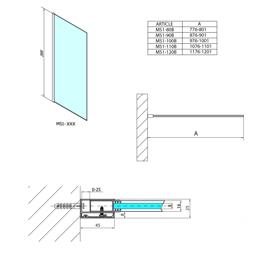Sapho POLYSAN MODULAR 110 fix zuhanyfal, matt fekete MS1-110B