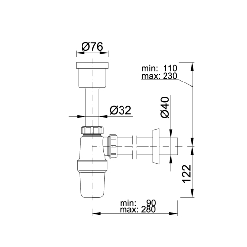 Styron piszoár szifon egyenes, Ø40 mm-es elfolyással STY-535-E-40