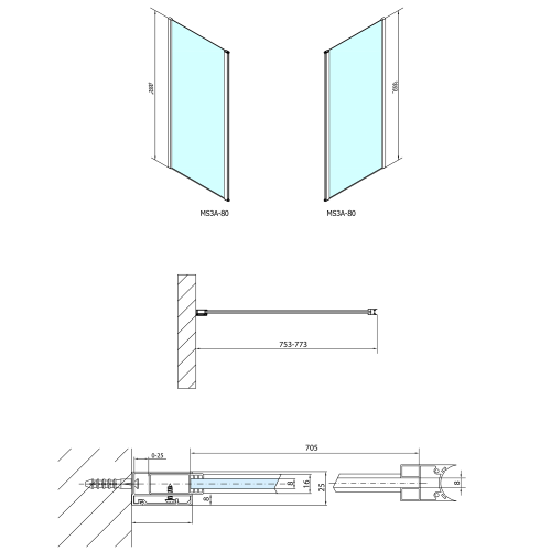 Sapho POLYSAN MODULAR 800 L típusú 2/1 fix zuhanyfal, ajtós változat, króm MS3A-80