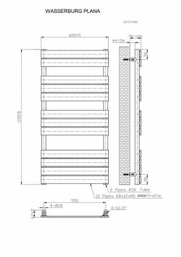 Wasserburg PLANA BLACK 120x60cm törölközőszárító radiátor, fekete 20.25936B