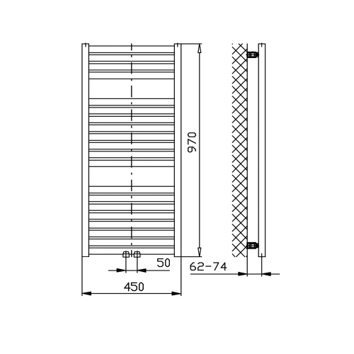 Sapho AQUALINE TONDI 450x970mm fürdőszobai radiátor középső bekötéssel, fehér DT450T