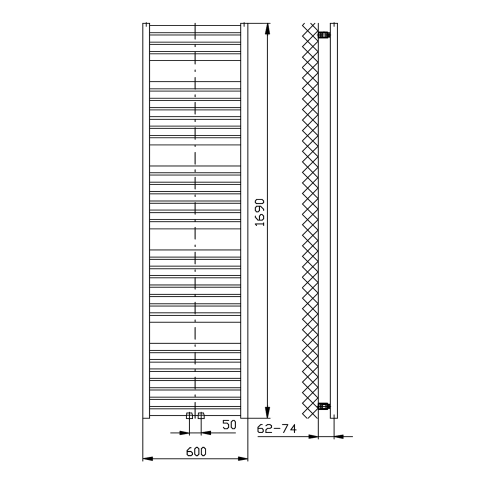 Sapho AQUALINE TONDI 600x1690mm fürdőszobai radiátor középső bekötéssel, fehér DT490T