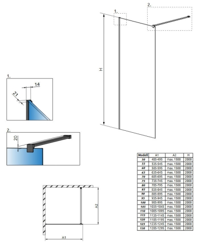 Radaway Modo New Black II Frame Walk-in fekete zuhanyfal 160 cm 389164-54-56
