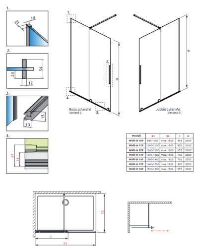 Radaway Furo Black Walk-in 100 bal fekete zuhanyfal 10106538-54-01L, 10110494-01-01