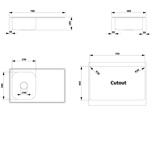 Sapho AQUALINE 78x48cm beépíthető mosogatótálca, inox AQ7848B
