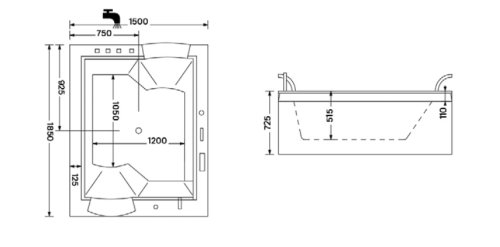 Wellis Nera Maxi Hydro™ 185x150 cm-es hidromasszázs kád, Flipper csapteleppel WK00009-2-1