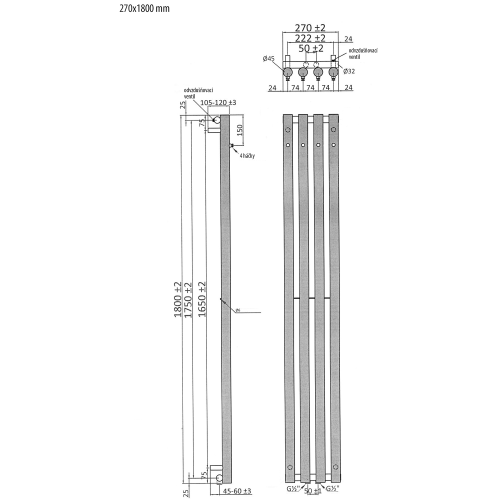 Sapho PILON 270x1800mm fürdőszobai radiátor, matt fehér IZ121