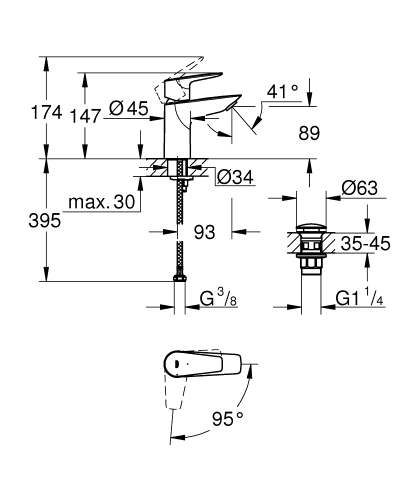 Grohe Start Edge egykaros mosdócsaptelep klikk-klakkos leeresztővel S-es méret Cold Start 23900001