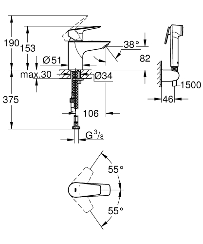 Grohe Start Edge egykaros mosdócsaptelep intim zuhannyal S-es méret 23773001