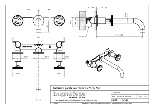 Bugnatese MILLENOVECINQUANTA fal alatti mosdócsaptelep 22 cm kifolyóval klikk-klakk leeresztővel, matt fekete 4569SCNE