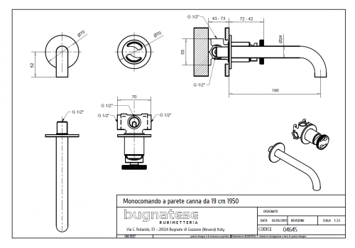 Bugnatese MILLENOVECINQUANTA fal alatti mosdócsaptelep 19 cm kifolyóval, klikk-klakk leeresztővel, szálcsiszolt nikkel 4645SCNS