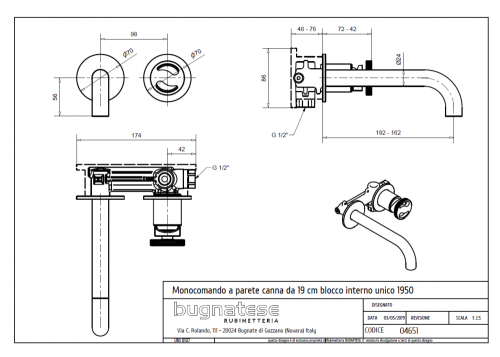 Bugnatese MILLENOVECINQUANTA fal alatti mosdócsaptelep 19 cm kifolyóval klikk-klakk leeresztővel, matt fehér 4651SCOP