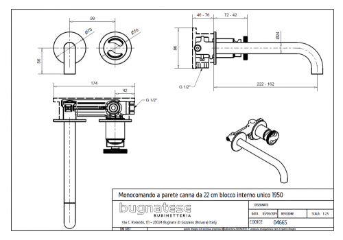 Bugnatese MILLENOVECINQUANTA fal alatti mosdócsaptelep 22 cm kifolyóval, matt fehér 4665OP