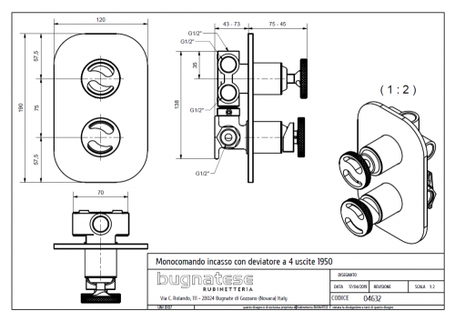 Bugnatese MILLENOVECINQUANTA fal alatti 4 állású zuhanyváltó, króm 4632CR