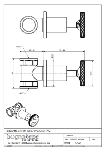 Bugnatese MILLENOVECINQUANTA Csempeszelep 3/4″ csatlakozással, fényes foszforszürke 4562NF
