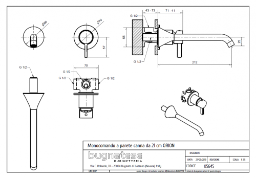 Bugnatese ORION fal alatti mosdócsaptelep 21 cm kifolyóval klikk-klakk leeresztővel, fényes foszforszürke 5645SCNF