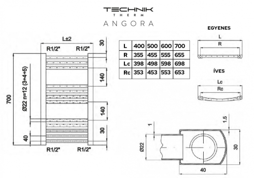 Technik Therm Angora törölközőszárító radiátor 600 mm x 1100 mm, egyenes, krómozott TTCSKEA-600-1100