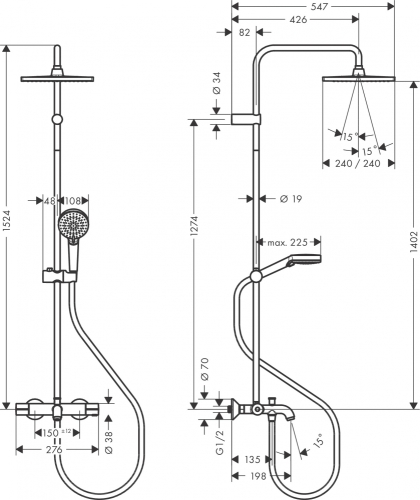 Hansgrohe Vernis Shape Showerpipe 240, 1jet kádtöltős termosztátos zuhanyrendszer, matt fekete 26900670