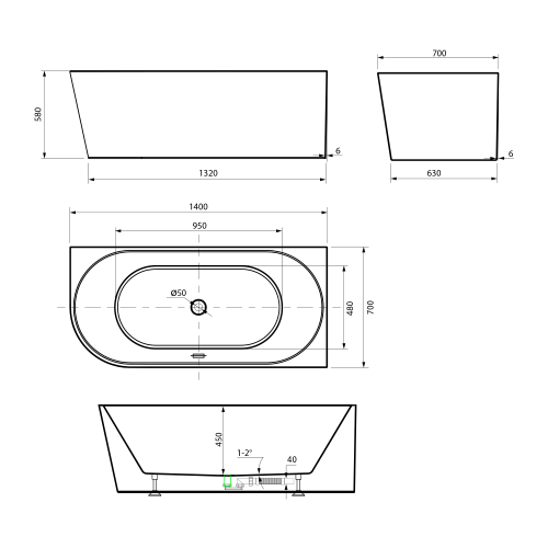 Sapho AQUALINE TIBERA R 140x70 cm jobbos szabadon álló akril kád, fehér E1055
