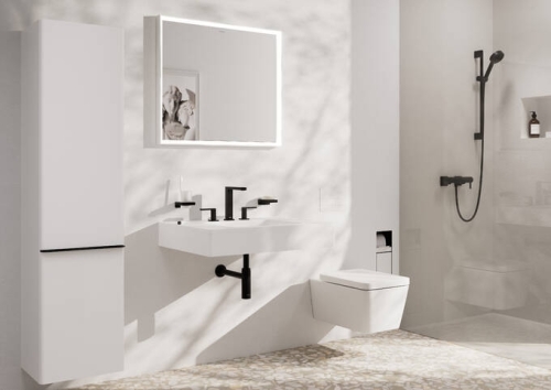 Hansgrohe Tecturis E 3-lyukú mosdócsaptelep 150 EcoSmart+, Push-open lefolyógarnitúrával, matt fekete 73030670