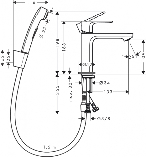 Hansgrohe Rebris S egykaros mosdócsaptelep 110 bidette zuhannyal és zuhanycsővel 160 cm lefolyógarnitúra nélkül, króm 72215000