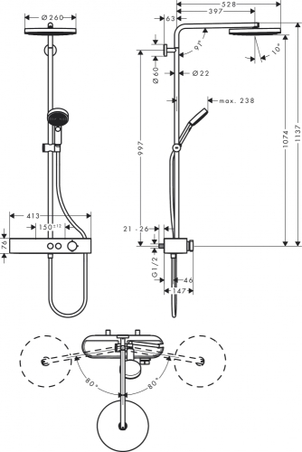Hansgrohe Pulsify Showerpipe 260, 1 jet Ecosmart és ShowerTablet Select 400 matt fehér 24221700