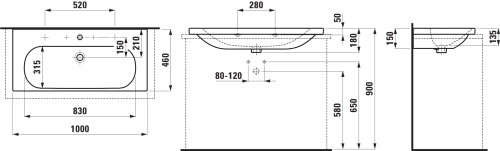 Laufen Lua mosdó 100x46 cm, egy csaplyukkal, túlfolyó nélkül, alsó felülete csiszolt LCC felülettel H8160894001561