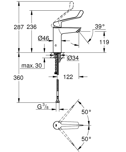 Grohe Eurosmart egykaros mosdócsaptelep 1/2″ M-es leeresztő nélkül behúzólánccal 23985003
