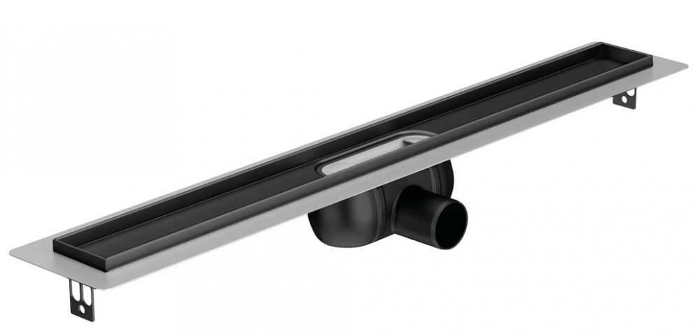 Aco Nero alacsony beépítési magasságú folyóka szigetelőgallérral, vízszintes merőleges csőcsatlakozással 885 mm 9010.91.10