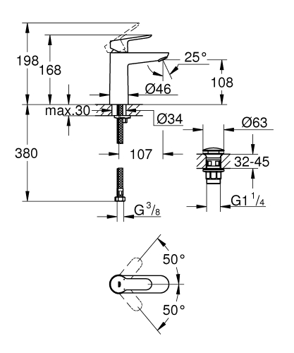 Grohe Start Edge Egykaros mosdócsaptelep M-es méret klikk-klakk leeresztővel 23775000