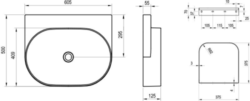 Ravak Yard 60 cm kerámia mosdó csaplyuk nélkül, matt fekete XJX0D060000