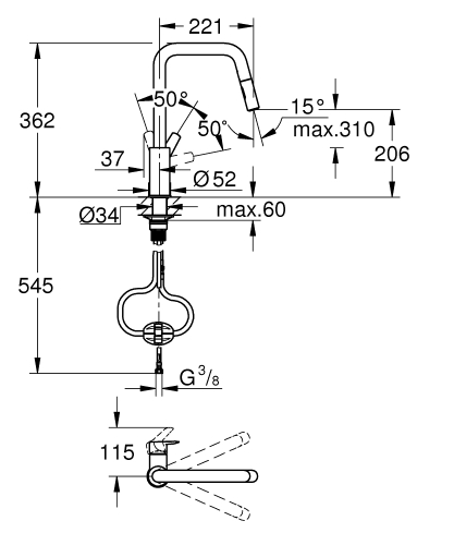 Grohe Start kihúzható zuhanyfejes egykaros mosogatócsap, matt fekete 306312430