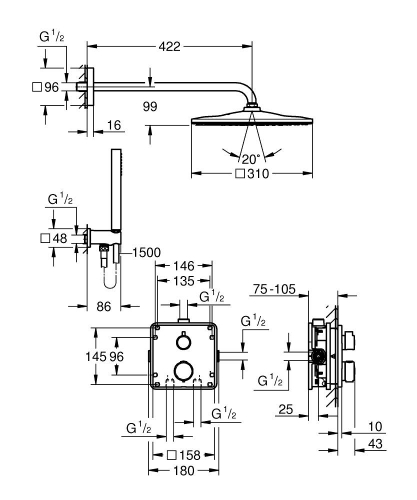 Grohe Precision Thermostat falsík alatti zuhanyrendszer Vitalio Rain Mono 310 Cube fejzuhannyal 34881000