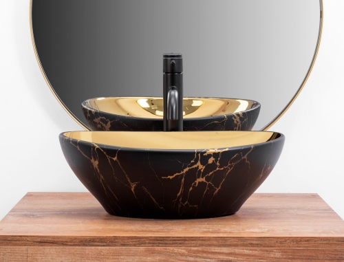Rea Sofia Marble 41x34,5 cm pultra ültethető mosdó, matt fekete/arany REA-U8011