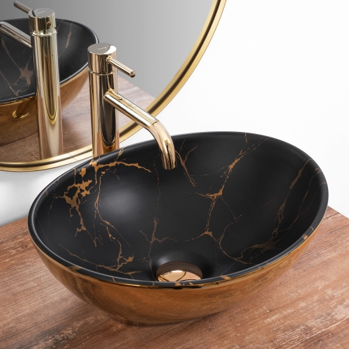 Rea Sofia Marble 41x34,5 cm pultra ültethető mosdó, matt fekete/arany REA-U8012