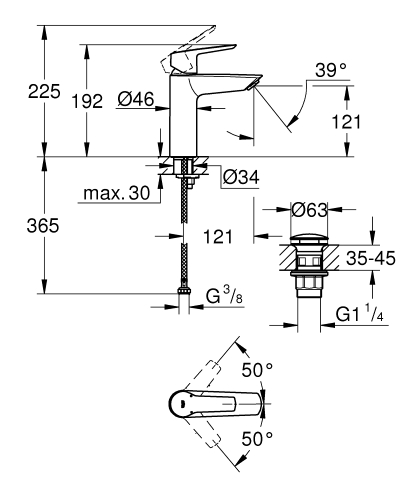 Grohe Start egykaros mosdócsaptelep M-es méret klikk-klakkos leeresztővel, matt fekete 242042432