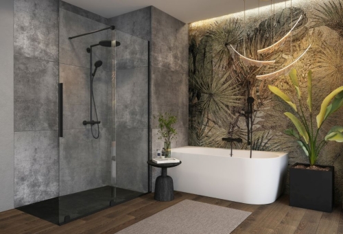 M-Acryl Harmony 159x84 cm balos szabadon álló akril kád króm lefolyóval, matt fekete 12590