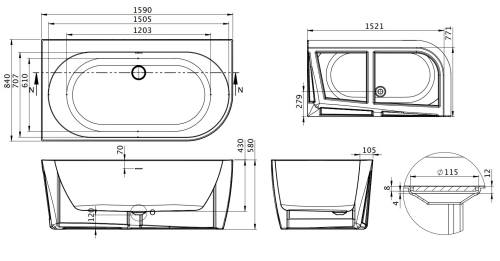 M-Acryl Harmony 159x84 cm balos szabadon álló akril kád króm lefolyóval, matt fekete 12590