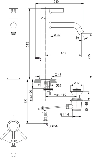 Ideal Standard JOY magasított mosdó csaptelep lefolyógarnitúrával, magnetic grey BC781A5